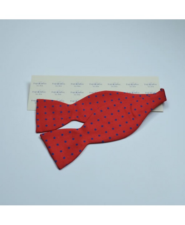 Fine Silk Spotted Self Tie Bow with Blue Spots on Bright Red 